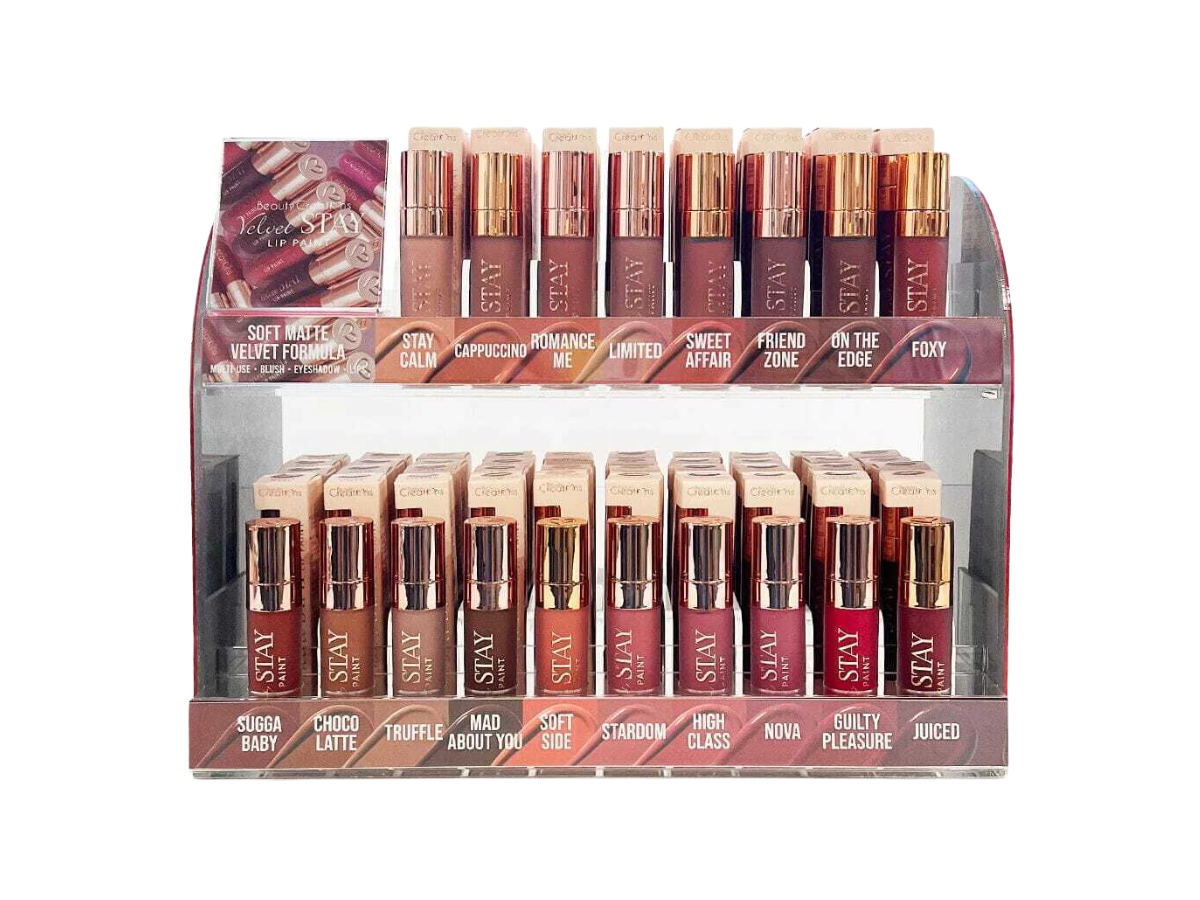 Labial - Beauty Creations Velvet Stay - Venta al Mayor Display 108 + 18 Free Tester (5.01$/Unidad)