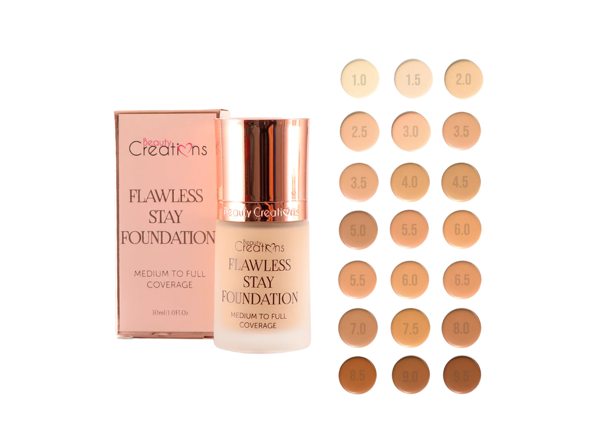 Base Líquida - Beauty Creations Flawless Foundation (Tonos del 1 al 9.5) - Venta al Mayor 18 und (8.99$/Unidad)